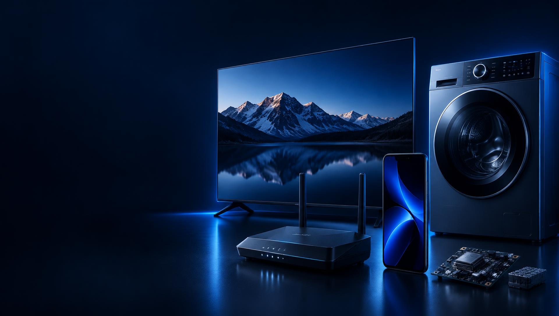 Television, router, smartphone, washing machine and circuit components lit with blue studio lighting